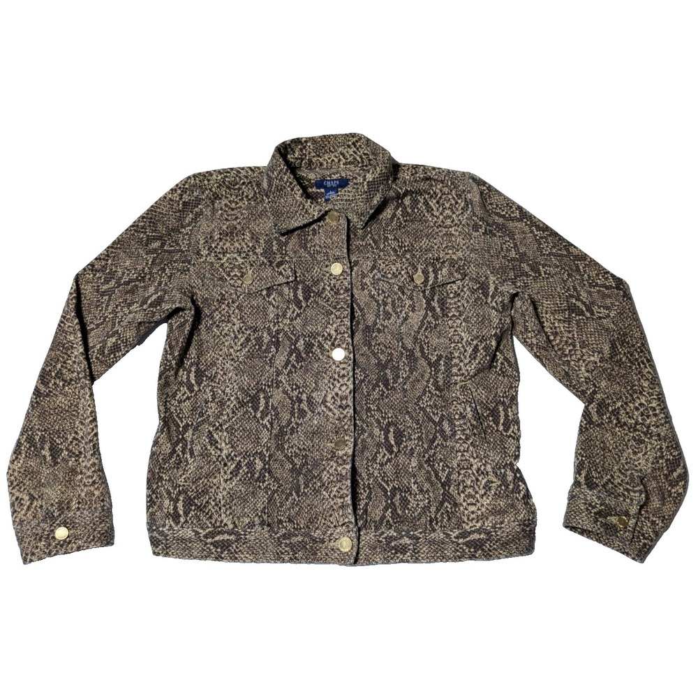 CHAPS Brown Reptile Snake Skin AOP Women Large Cotton Stretch Button Jacket